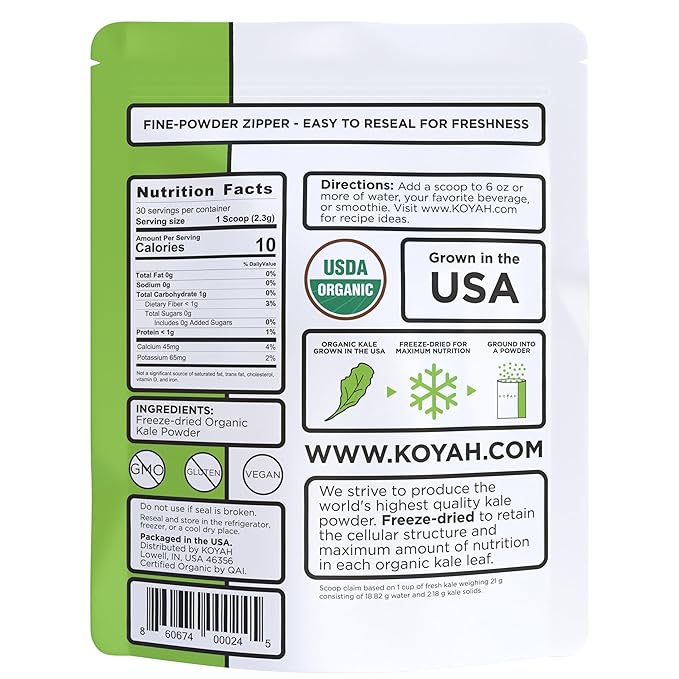KOYAH - Organic USA Kale Powder (Equivalent to 30 Cups Fresh): Freeze-dried, Whole-Leaf Powder