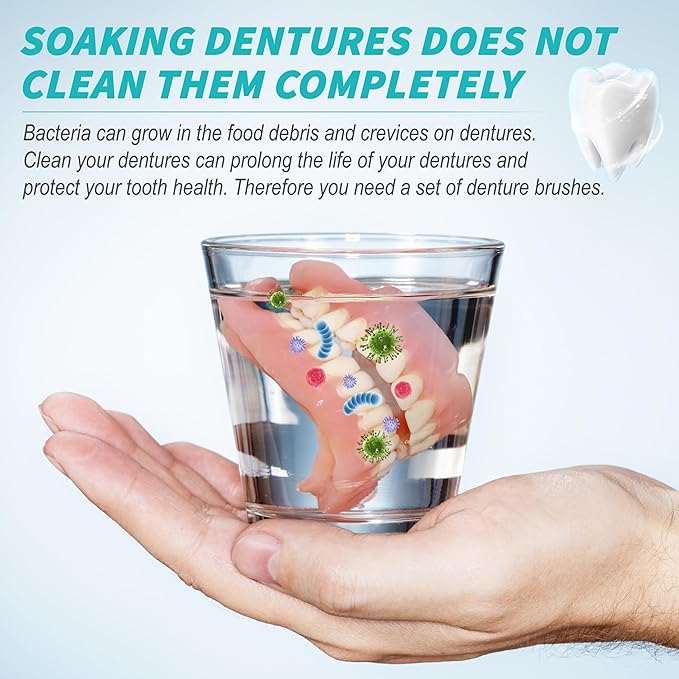 4 Pcs Denture Brush Set for False Teeth with White Carrying Case, Denture Toothbrushes with Double Sided Design, Dental Brush with Multi-Layered Soft Bristles and Rubber Anti-Slip Handle, 4 Colors