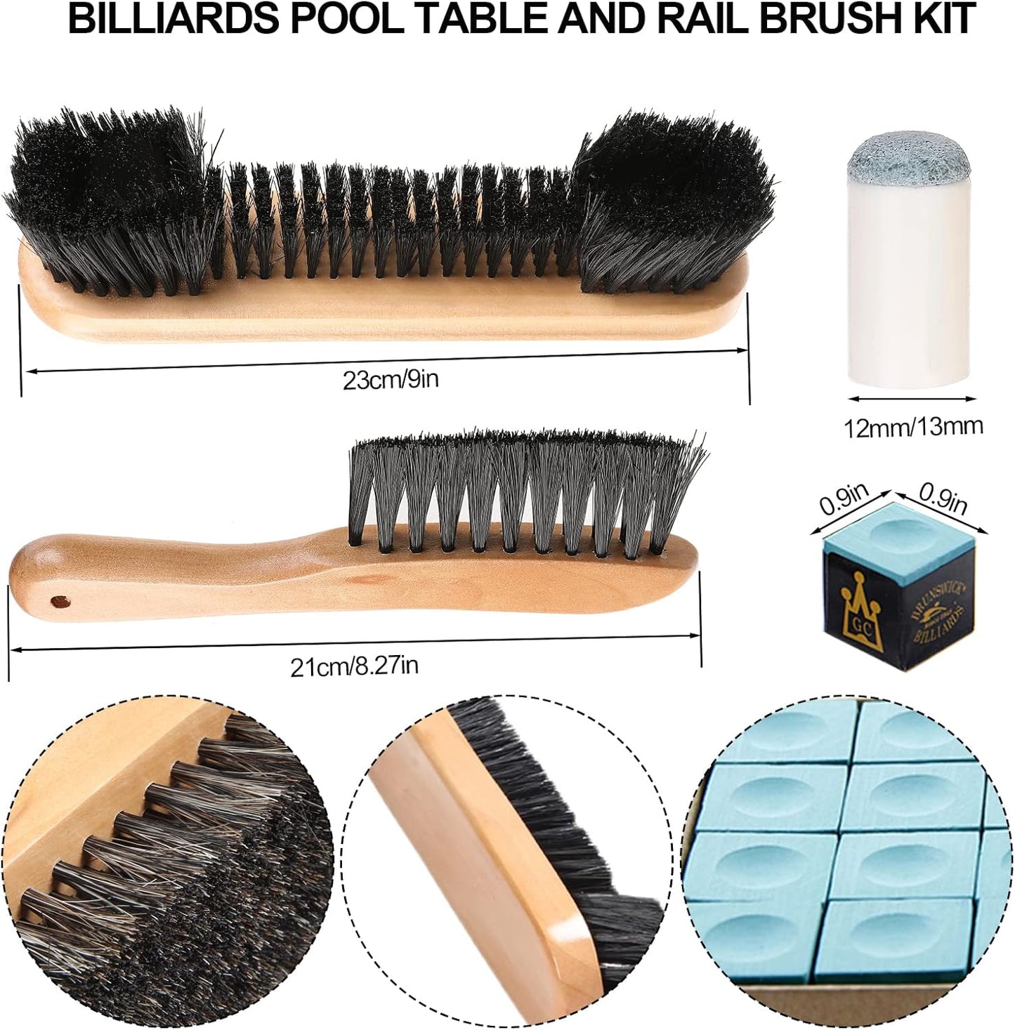 4 Set Billiards Pool Table and Rail Brush Including 12 Pieces Pool Cue Chalk Cubes and 6 Slip-on Pool Cue Tip Replacements Snooker Table Wooden Cleaning Brush Kit Accessories