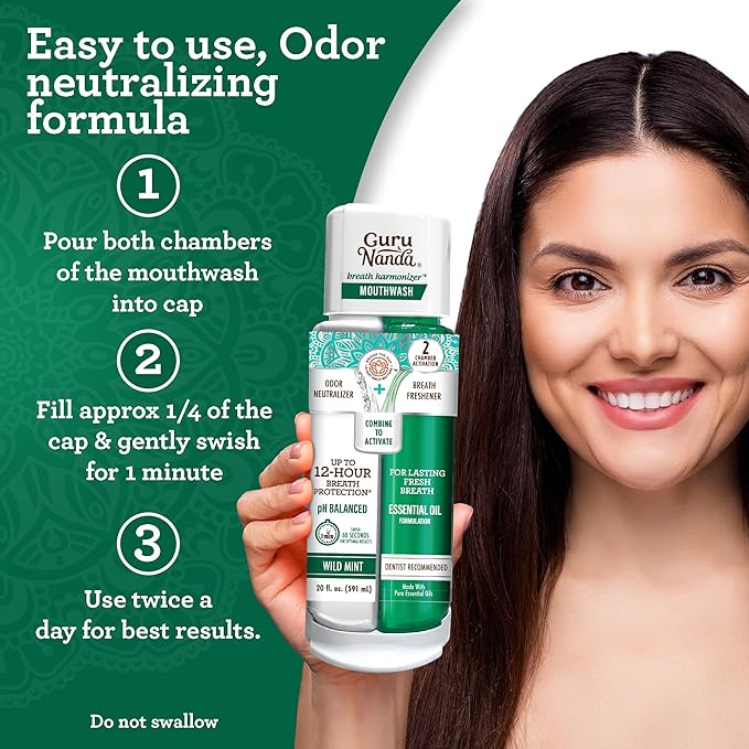GuruNanda Dual Barrel Breath Harmonizer Mouthwash - Freshens Breath - Alcohol & Fluoride Free with Sodium Chlorite & Essential Oils - Wild Mint Flavor, 3 Pack