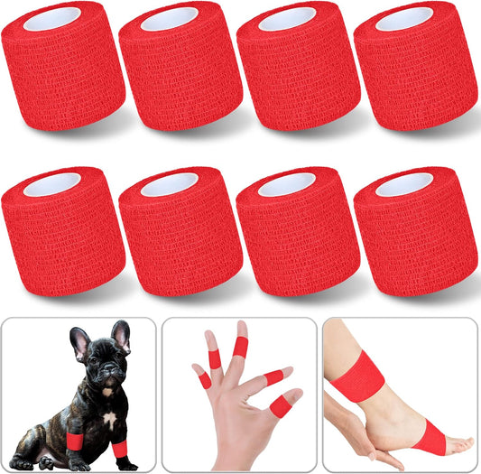 8 Pack 2 in x 5 Yards Cohesive Wrap Self Adhesive Bandage Wrap Elastic Self Adherent Wrap Self Stick Vet Tape for Athletic, Wrist, Ankle, Knees, Pets (Red)