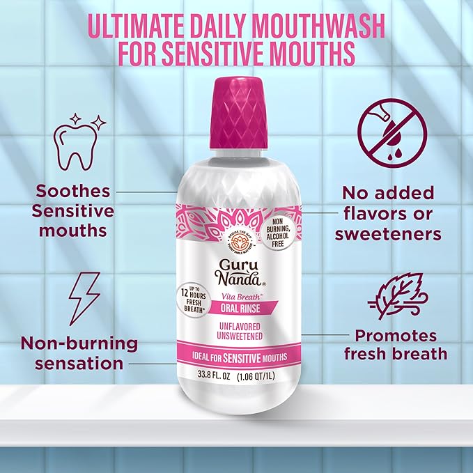 GuruNanda Alcohol-Free Mouthwash, Unflavored & Unsweetened, Gentle on Sensitive Mouths, 12-Hour Fresh Breath, No Artificial Additives, Made in The USA, 33.8oz