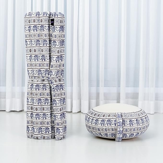 Leewadee Meditation Cushion Set – 1 Round Zafu Meditation Pillow and 1 Square Roll-Up Zabuton Meditation Mat, Pillows Bundle Filled with Kapok