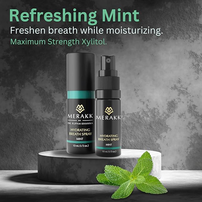 Merakk Dry Mouth Spray Hydrating Fresh Breath Spray (Mint) - Sugar-Free Breath Freshener | Bad Breath Spray W/Xylitol, Stevioside, Menthol - Dentist-Designed- 0.3 fl oz