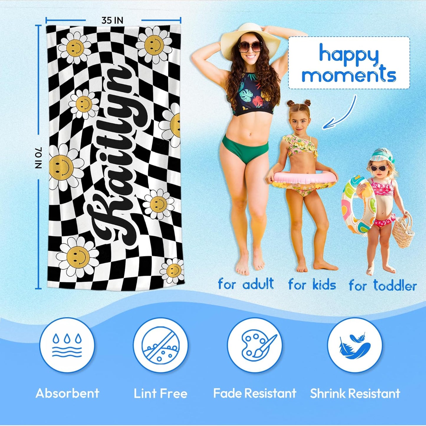 JML Personalized Beach Towel with Name, Custom Flower Beach Towel, Customized Microfiber Pool Towel, Quick Dry & Absorbent Swim Towel for Adult,Mother's Day, Birthday, Summer Holiday,Vacation