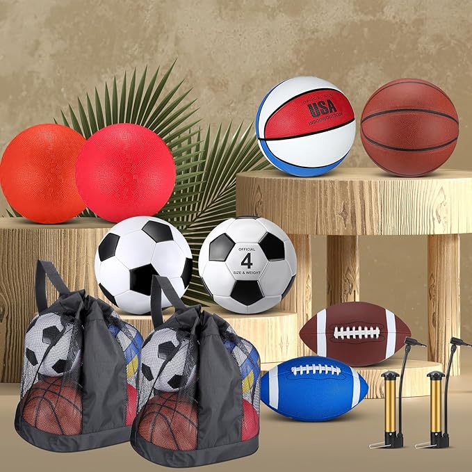 Liliful 8 Pcs Sport Balls Set with Pump Mesh Bag Gifts for Kid Teen Operation Christmas Basketball Soccer Football Playground Ball for Christian Charity Donation Student Team PE Class