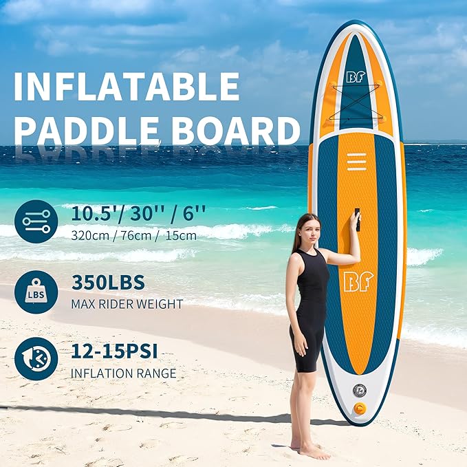 Inflatable Stand Up Paddle Board with SUP Accessories & Backpack. Paddle Boards for Adults. Non-Slip Deck, Wide Stance, Bottom Fin, Double Action Pump.