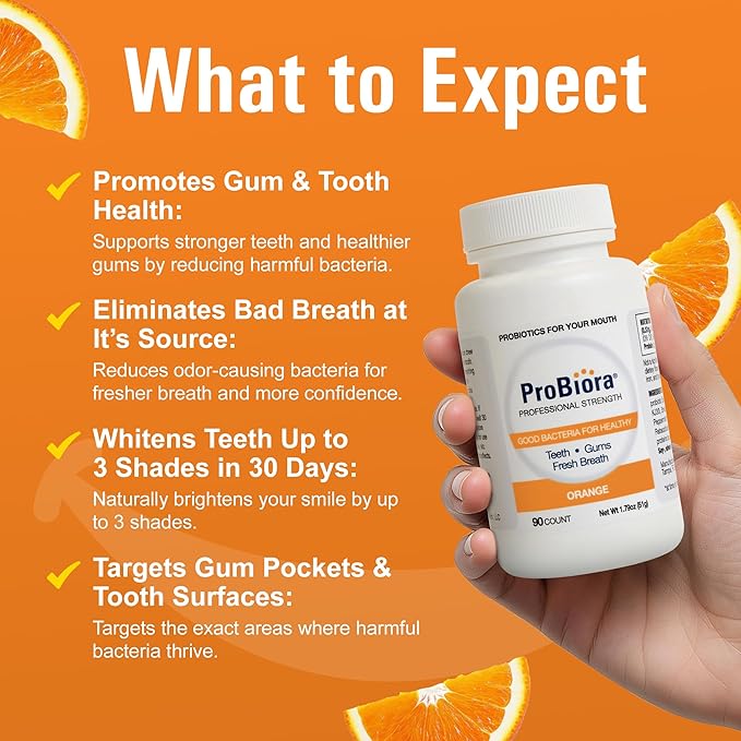 ProBiora Professional Strength Oral Probiotics for Teeth and Gums | Dental Probiotic for Oral Health | Bad Breath Treatment for Adults | Tooth Whitening | ProBiora3 Probiotic Blend | 90 Orange Tablets