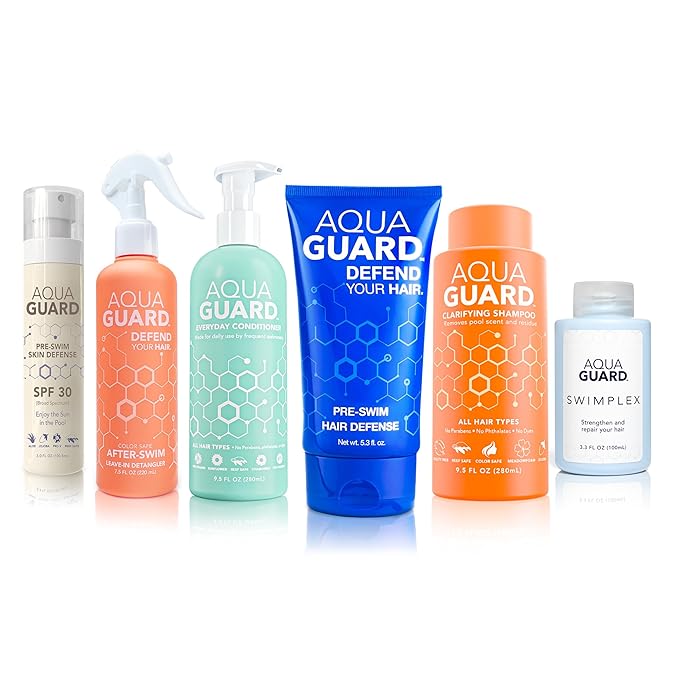 AQUA GUARD Swim Hair Rescue Bundle | Pre-Swim Protection & Post-Swim Repair Kit | Includes Hair Defense, Shampoo, Conditioner, Detangler, Hair Mask & SPF Skin Defense | Chlorine Care For Swimmers