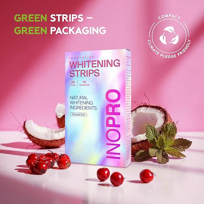 InoPro Teeth Whitening Strips 14 Treatments Kit - Teeth Whitener, Peroxide Free, Green White Strips for Teeth Whitening with Arbutin, Coconut Oil, Deep Stains Removal (28 Strips)