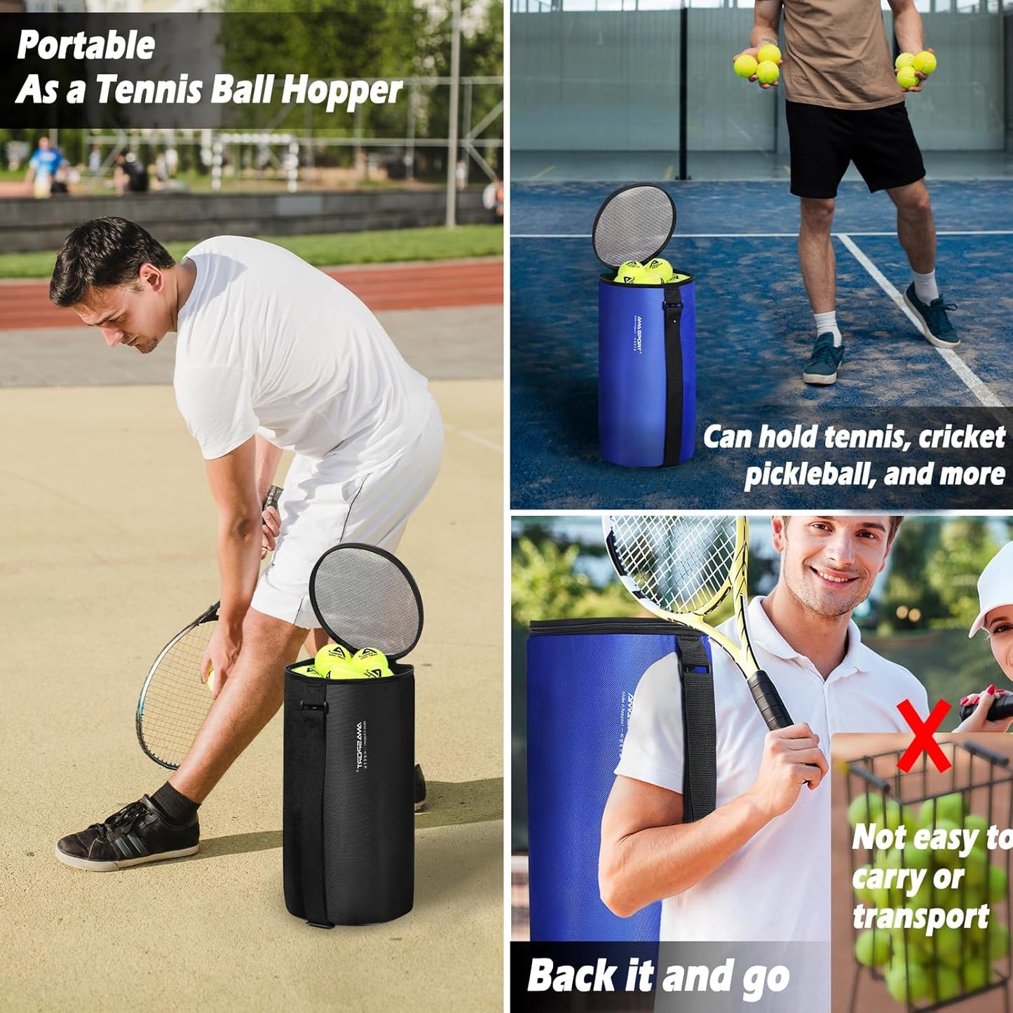 LITIAN Bulk Tennis Balls with Hopper Bag - 60 Pack Bucket High Elasticity Pressureless Practice Tennis Balls, Perfect for Training & Pet Dogs Play