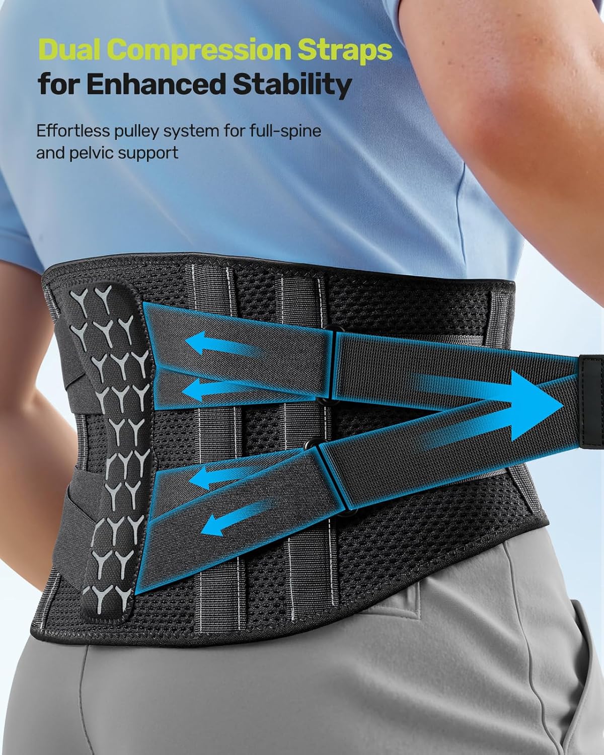 Lumbar Brace with Removable Pad, Adjustable Lower Back Pain Relief Support for Men and Women, Comfortable Support Belt Ideal for Lower Back Pain, Sciatica, Scoliosis, Gray Size XL (Waist: 45.3"-51.2")