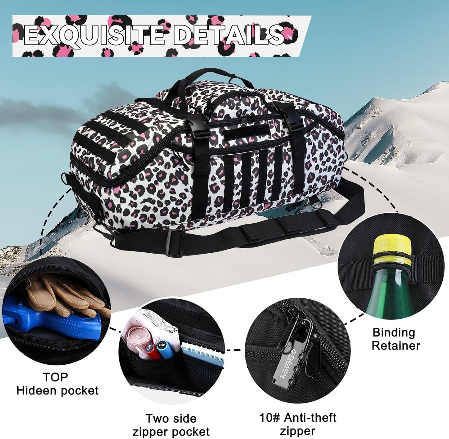 65L Large Duffle Bag, 3-in-1 Tactical Backpack MOLLE Pack for Sports, Gym, Outdoor, Leopard