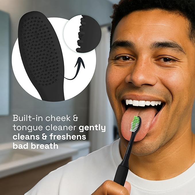 Brushmo Replacement Toothbrush Heads, Compatible with Philips One for Sonicare Electric Toothbrush Handles HY1022, 4 Standard Heads with Tongue Cleaner, Soft Dupont Bristles, BM124m, Shadow Black