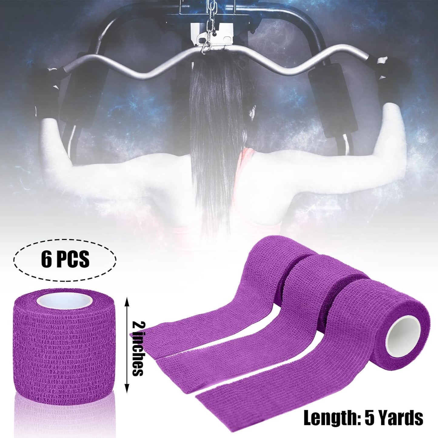 6 Pack 2 Inches Self Adhesive Bandage Wrap Breathable Cohesive Bandage Elastic Tape for Pets, Athletic, Sports, Wrist, Knee, Ankle(5 Yards Per Roll, Purple)