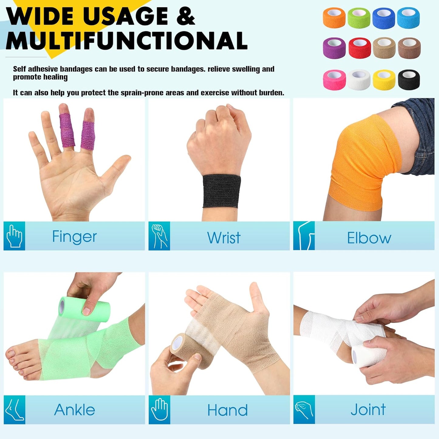 24 Pack Self Adhesive Bandage Wrap, 1 in x 5 Yards Non-Woven Self Adherent Cohesive Bandage, Vet Wrap Wound Tape for Thumb Finger Wrist Knee Ankle, Black