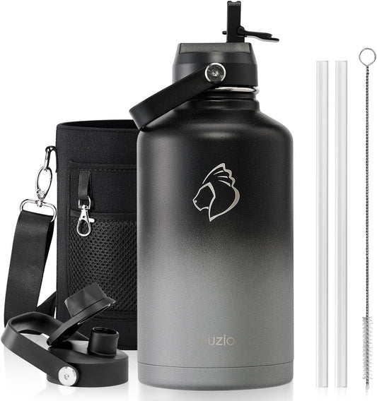 Insulated Water Bottle 64 oz with Straw Lid and Flex Lid, BUZIO 64oz Stainless Steel Water Bottle Half Gallon Jug Flask, Double Wall Vacuum Sports Thermo Mug, Cold Hot Hydro Metal Canteen
