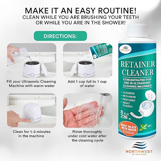 Ultrasonic Retainer Cleaner Solution Concentrate - Ultrasonic Denture Cleaner for Ultrasonic Machines - Cleans Mouthguards, Invisalign, and Nightguards - Updated Formula (Mint) (8 Ounces)