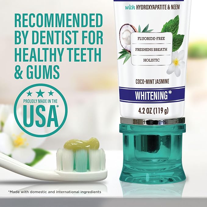 GuruNanda Hydroxyapatite Toothpaste, SLS & Fluoride Free, Whitening Toothpaste - Freshens Breath, Fights Plaque - Natural CocoMint Jasmine Neem, 4.2oz (Pack of 2)