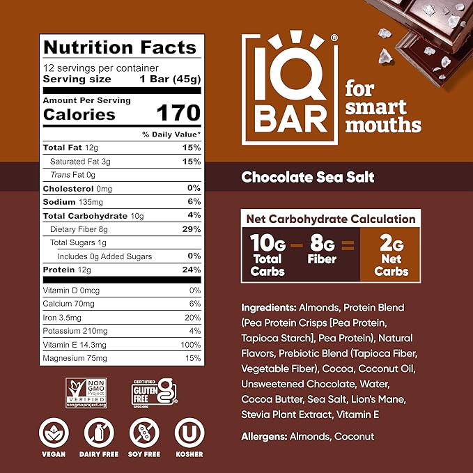 IQBAR Brain and Body Plant Protein Bars - Chocolate Sea Salt - 24-Count Low Carb - Gluten Free, High Fiber, Vegan Snacks - Low Sugar Meal Replacement