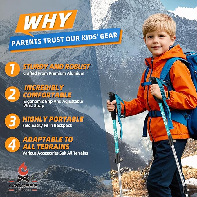 Lightweight Collapsible Kids Hiking Poles - Retractable Kids Hiking Stick, Telescoping Aluminum Trekking Poles 2 Pack, Adjustable Kids Ski Poles by Croosse