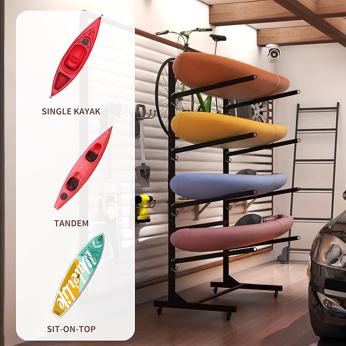 Kayak Storage Rack, Heavy Duty Kayak Stand Canoe Rack with Wheels, Freestanding Kayak Holder Stand for Kayaks, Canoes, Surfboard, Paddleboard Storage