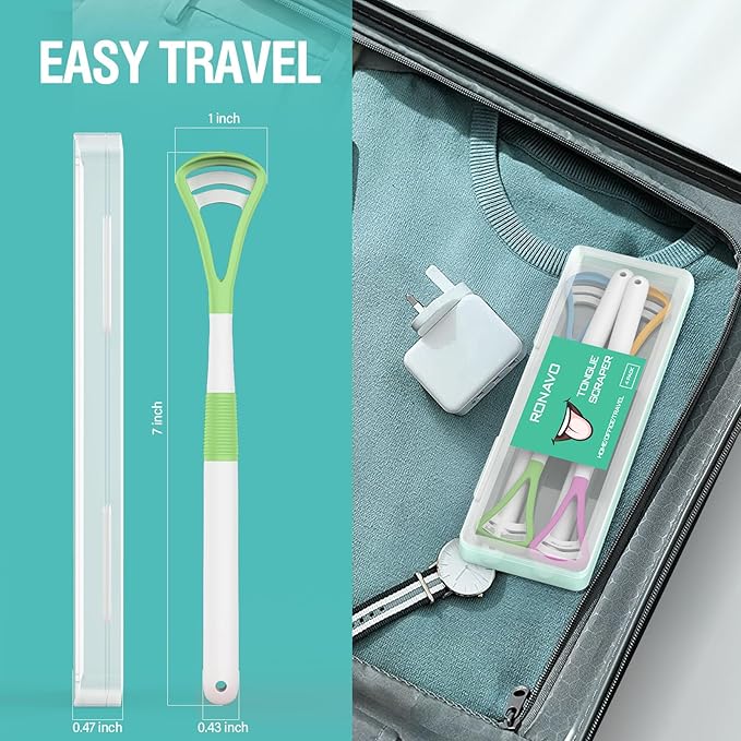 RONAVO Tongue Scraper, Disposable Tongue Cleaner, 2 in 1 BPA Free Tongue Brush, Brushing and Scraping for Oral Care Hygienic, with Travel Case, Fight Bad Breath, 4 Pack