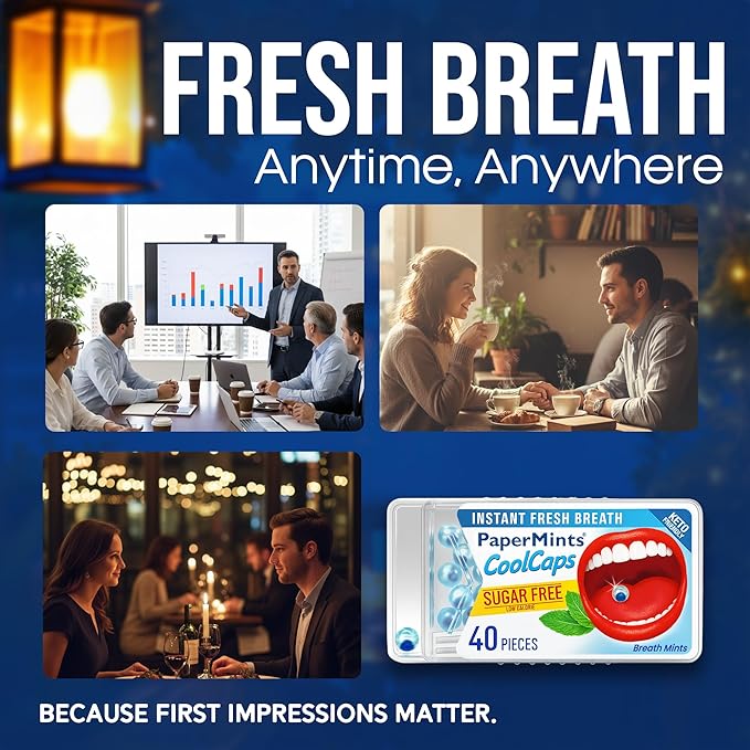 PaperMints CoolCaps - Instant Fresh Breath Mints Sugar-Free 4 Pack - 160 capsules. Chronic Bad Breath Treatment for Adults, Peppermint Fresh Breath Freshener Pearls Halitosis Treatment Dry Mouth