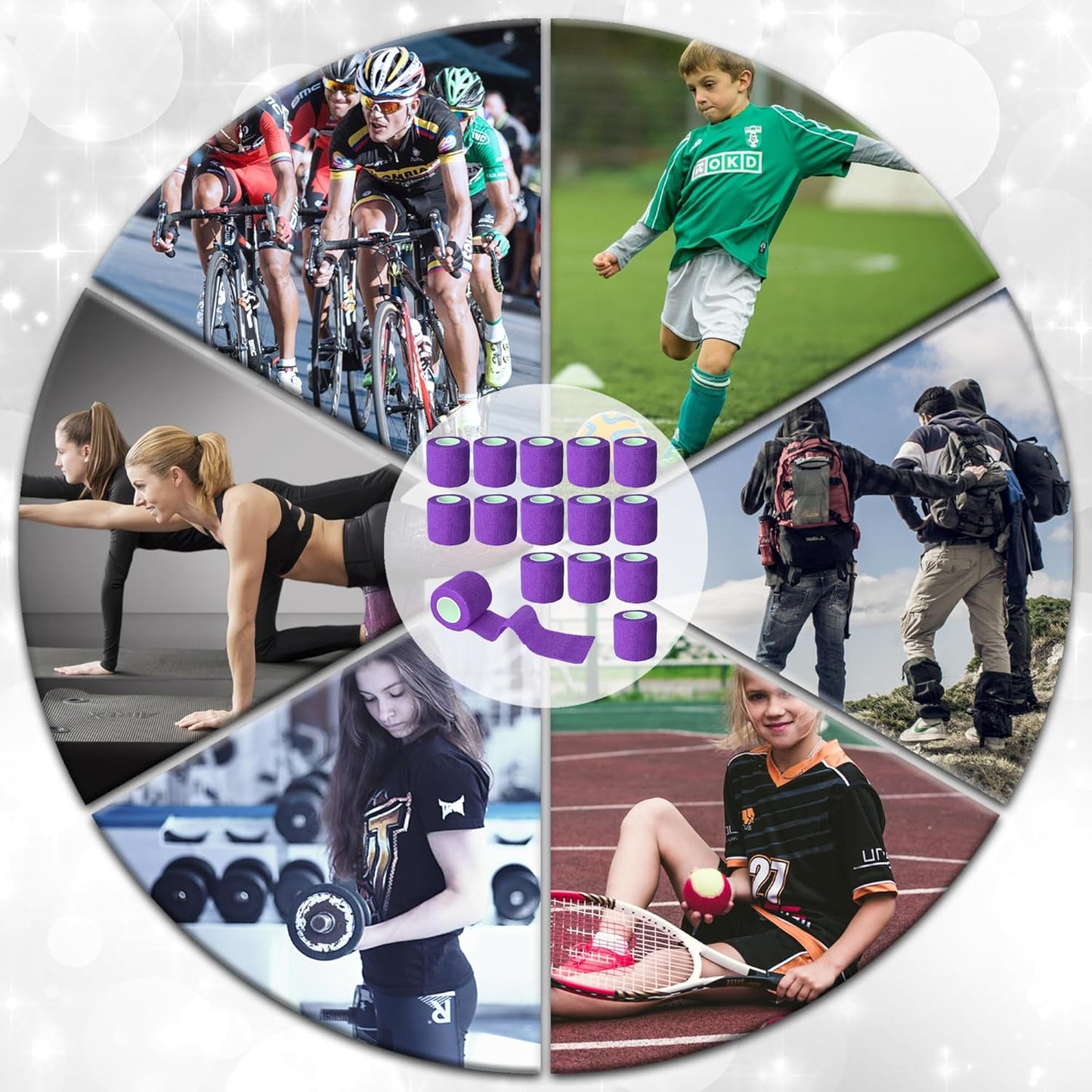 15 Pack Cohesive Wrap 2 Inch x 5 Yards Self Adherent Vet Tape for Pets, Elastic Self Adhesive Bandage Wrap for Sports, Finger, Wrist, Ankle (Purple)