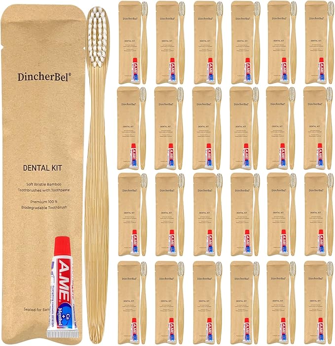 DincherBel Bamboo Toothbrushes Kit Bulk, Disposable Toothbrushes with Toothpaste(6g), Individually Wrapped Toiletries Amenities for Hotel, Airbnb, Homeless, Shelter, Camping and Travel (50 Pack)