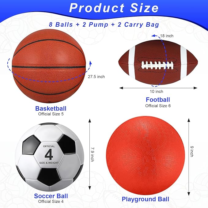 Liliful 8 Pcs Sport Balls Set with Pump Mesh Bag Gifts for Kid Teen Operation Christmas Basketball Soccer Football Playground Ball for Christian Charity Donation Student Team PE Class