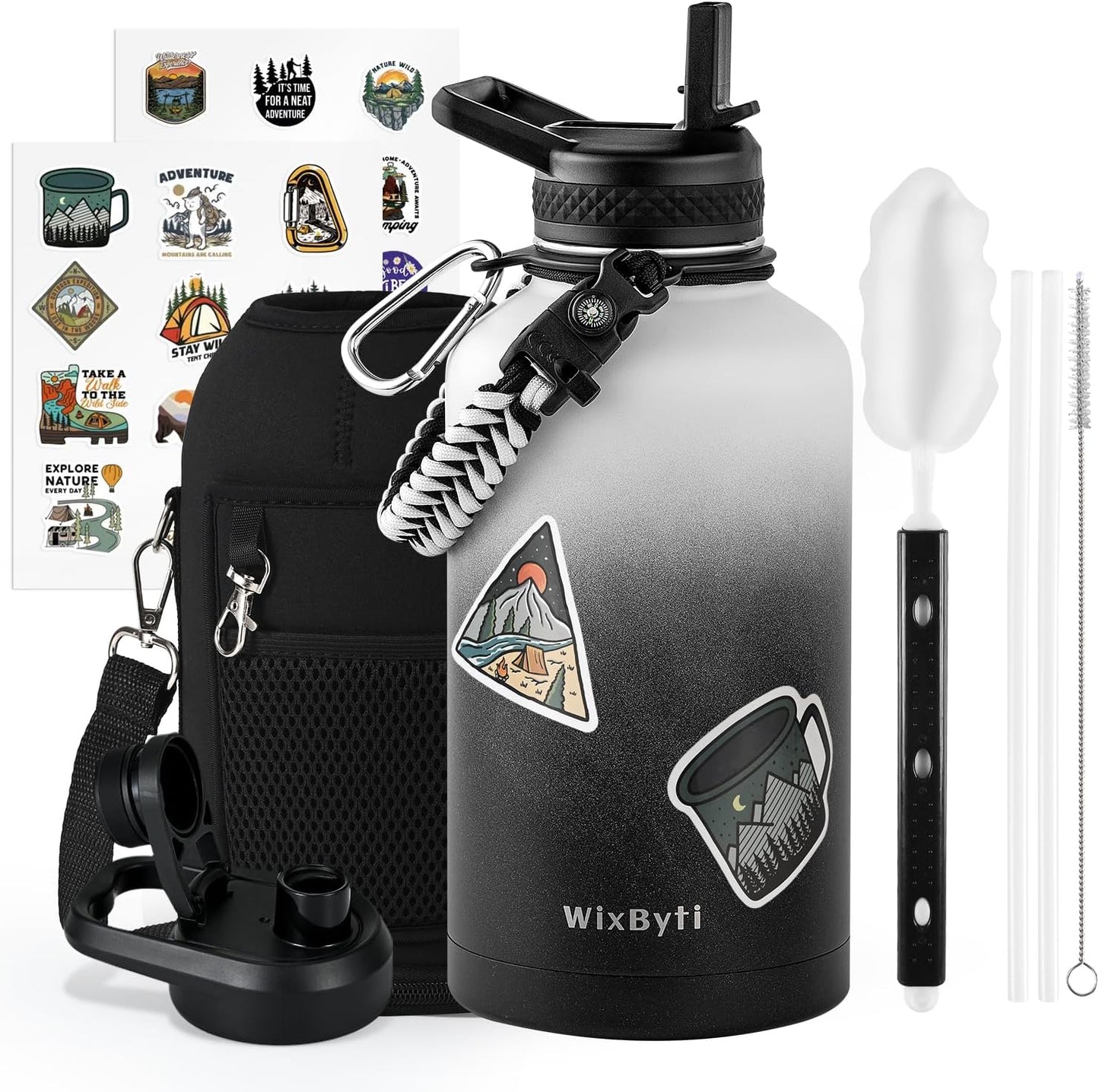 64 oz Insulated Water Bottle with Straw (Cold for 48 Hrs), Half Gallon Stainless Steel Triple Wall Vacuum Sports Water Jug, Leakproof Hydro Cup Flask with Straw Spout Lids & DIY Stickers