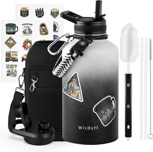 64 oz Insulated Water Bottle with Straw (Cold for 48 Hrs), Half Gallon Stainless Steel Triple Wall Vacuum Sports Water Jug, Leakproof Hydro Cup Flask with Straw Spout Lids & DIY Stickers