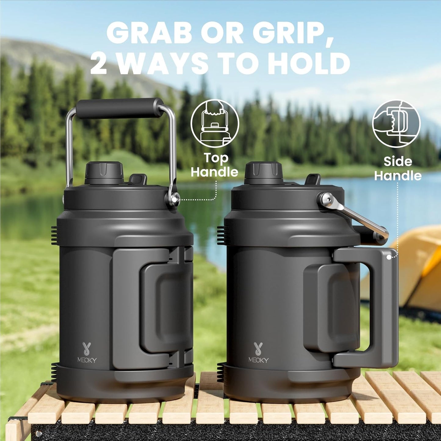 64 oz Insulated Water Bottle for Gym: Meoky Triple Wall Vacuum Stainless Steel Half Gallon Water Jug - Top and Side Handles, 2-in-1 Straw and Spout Lid, Cold for 36 Hrs, Leak Proof for Camping (Night)