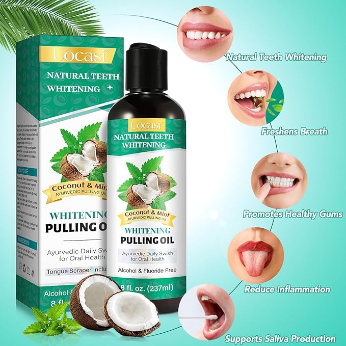 Coconut Oil Pulling for Teeth - 2 Pack, Coconut Oil Mouthwash, Natural Oral Care, Fights Bad Breath, Mouthwash Alcohol Free, Dye Free, PH Balanced, Mint Flavor, 16 Oz