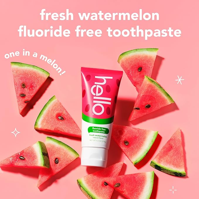 Hello Natural Watermelon Flavor Baby & Kids Fluoride Free Toothpaste, Vegan, SLS Free, Gluten Free, Safe to Swallow for Baby and Toddlers, 4.2 Ounce (Pack of 12)