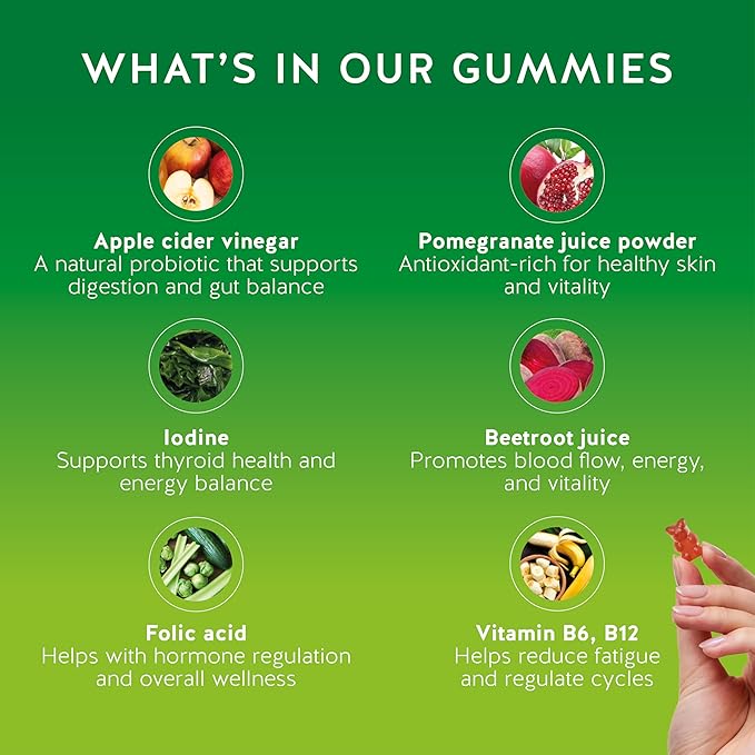 Apple Cider Vinegar Gummies – Metabolism & Detox Support with Vitamins B6, B12, Iodine & Folic Acid – Vegan. Balanced Gut (90 Gummies)