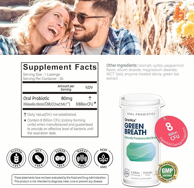 OraTicx Oral Probiotics Green Breath, Freshen Bad Breath, Dental Probiotic Supplement for Oral Health, 8 Billion CFU, Mint Flavor 30 Lozenges 2-Pack