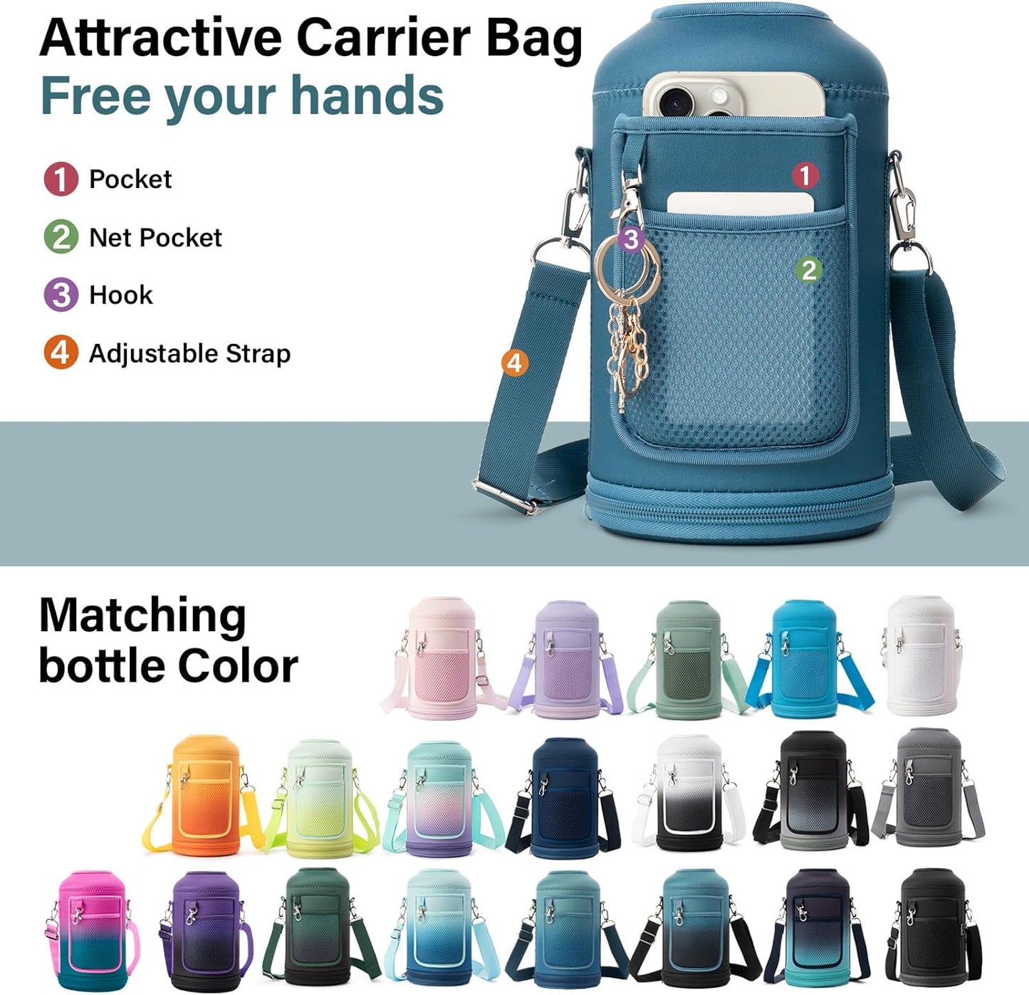 Insulated Water Bottle | Thickened Stainless Steel Vacuum Metal | Portable Sports Half Gallon Large Water Jug for Gym and Hiking with Straw, Carrier Bag, Handle Strap | BPA-Free 64 oz