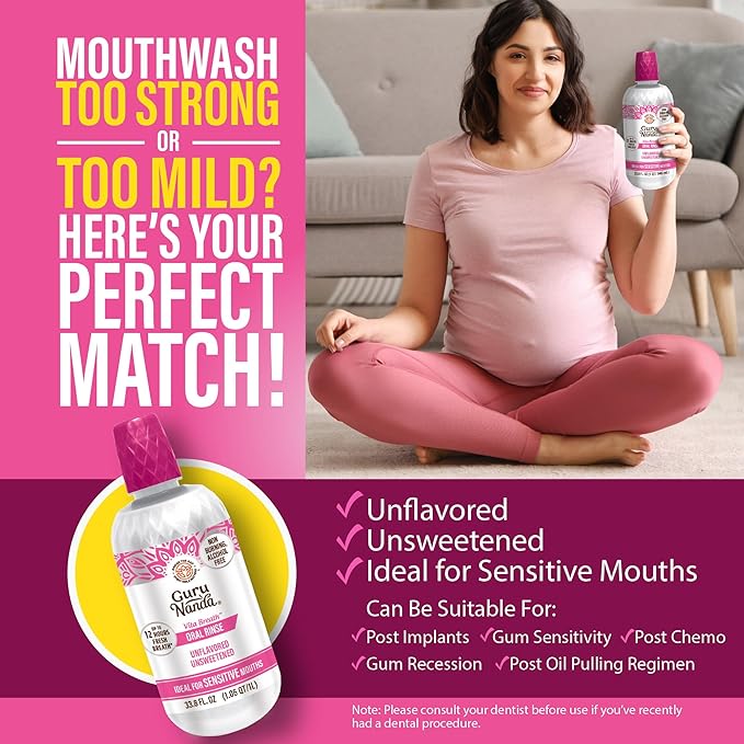 GuruNanda Alcohol-Free Mouthwash, Unflavored & Unsweetened, Gentle on Sensitive Mouths, 12-Hour Fresh Breath, No Artificial Additives, Made in The USA, 33.8oz