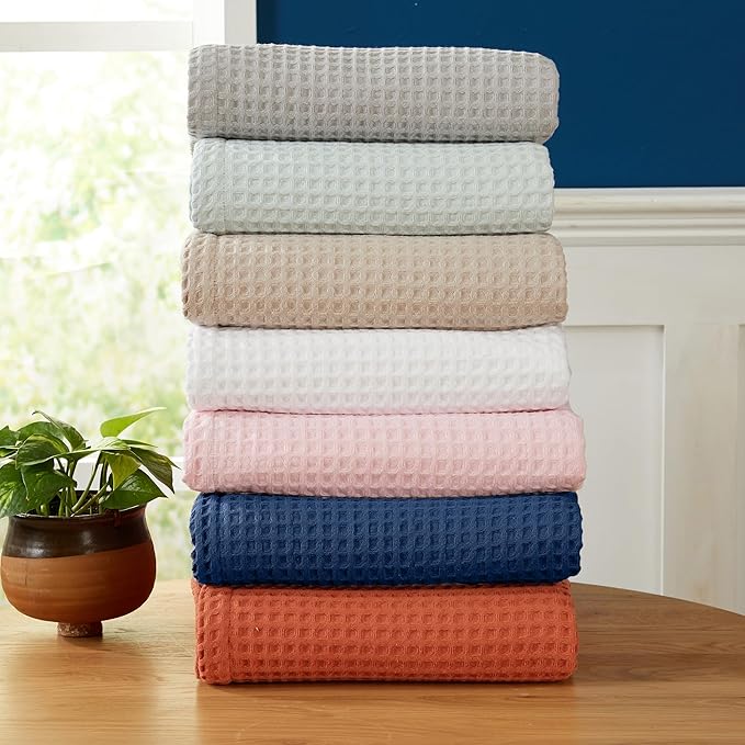100% Cotton Waffle Weave Bed Blanket | Soft, Breathable, and Lightweight Blanket for All-Season | Perfect for Layering | Brielle Collection (Full/Queen, Navy)