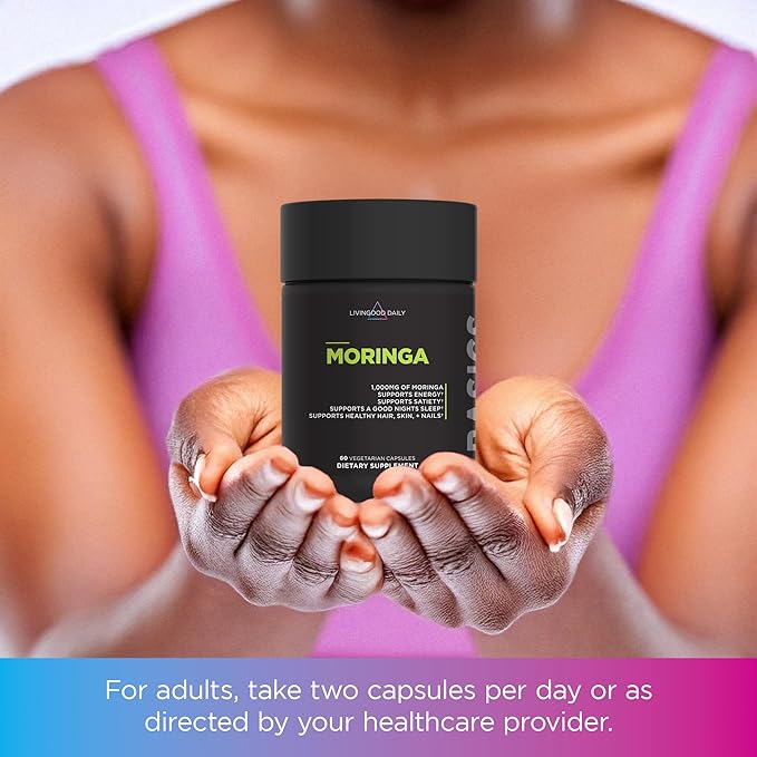 Livingood Daily Moringa Capsules, Moringa Supplement for Energy, Sleep, Satiety, Hair, Skin, Nails & Wellness, Plant Based Vegetarian, Gluten Free, Non GMO, Vegan, Daily Greens Superfood, 60 Capsules