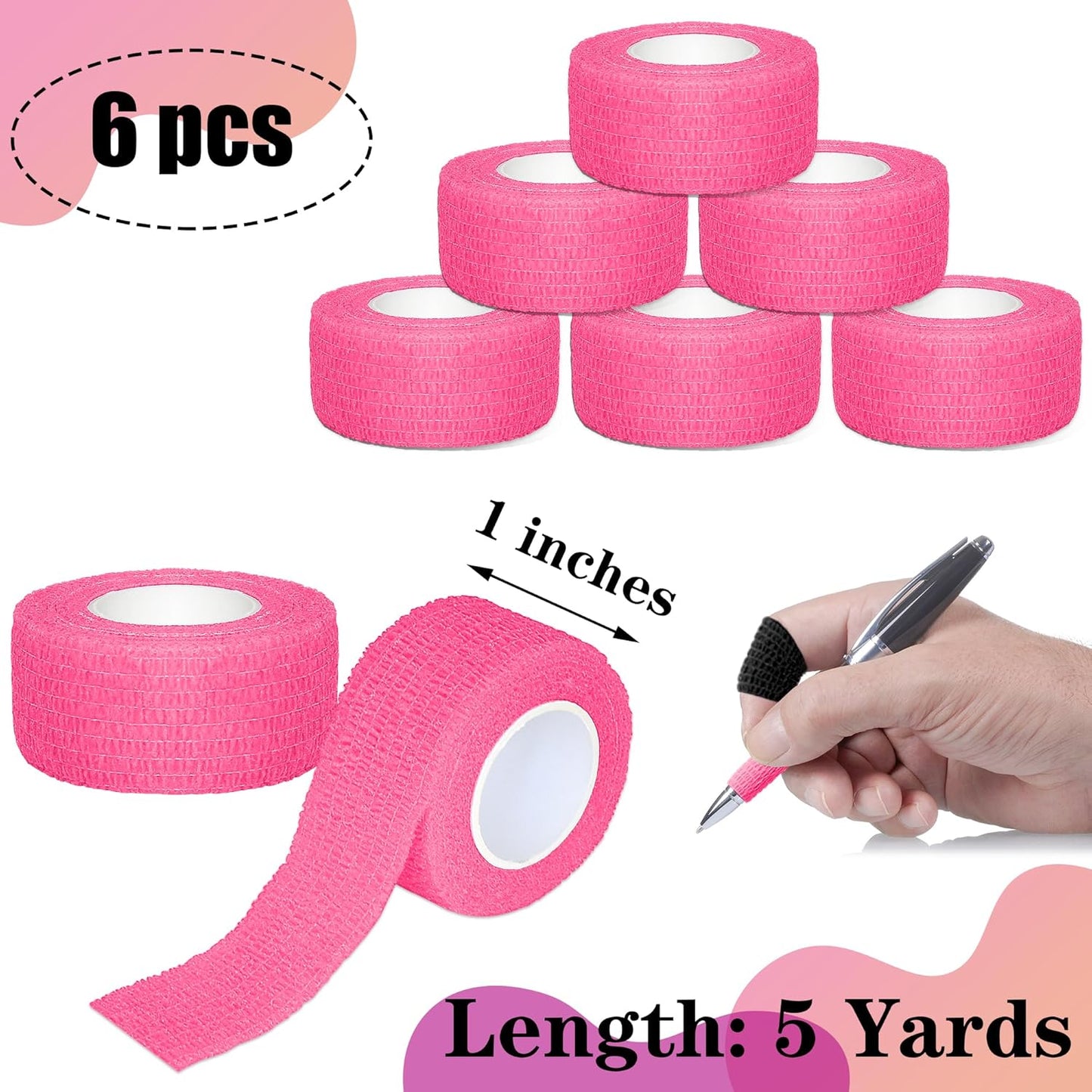 6 Pack 1 Inches Self Adhesive Bandage Wrap Breathable Cohesive Bandage Elastic Tape for Pets, Athletic, Sports, Wrist, Knee, Ankle(5 Yards Per Roll, Pink)
