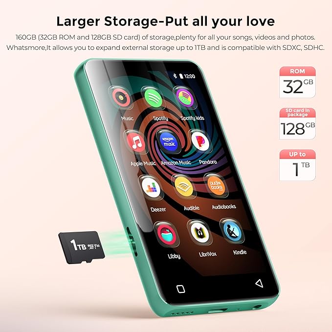160GB MP3 Player with Bluetooth and WiFi, innioasis Music Player with Spotify,Pandora,Amazon Music,4" Touch Screen Android MP4 MP3 Player for Kids with Libby,Audible,Spotify Kids (White+ Green)