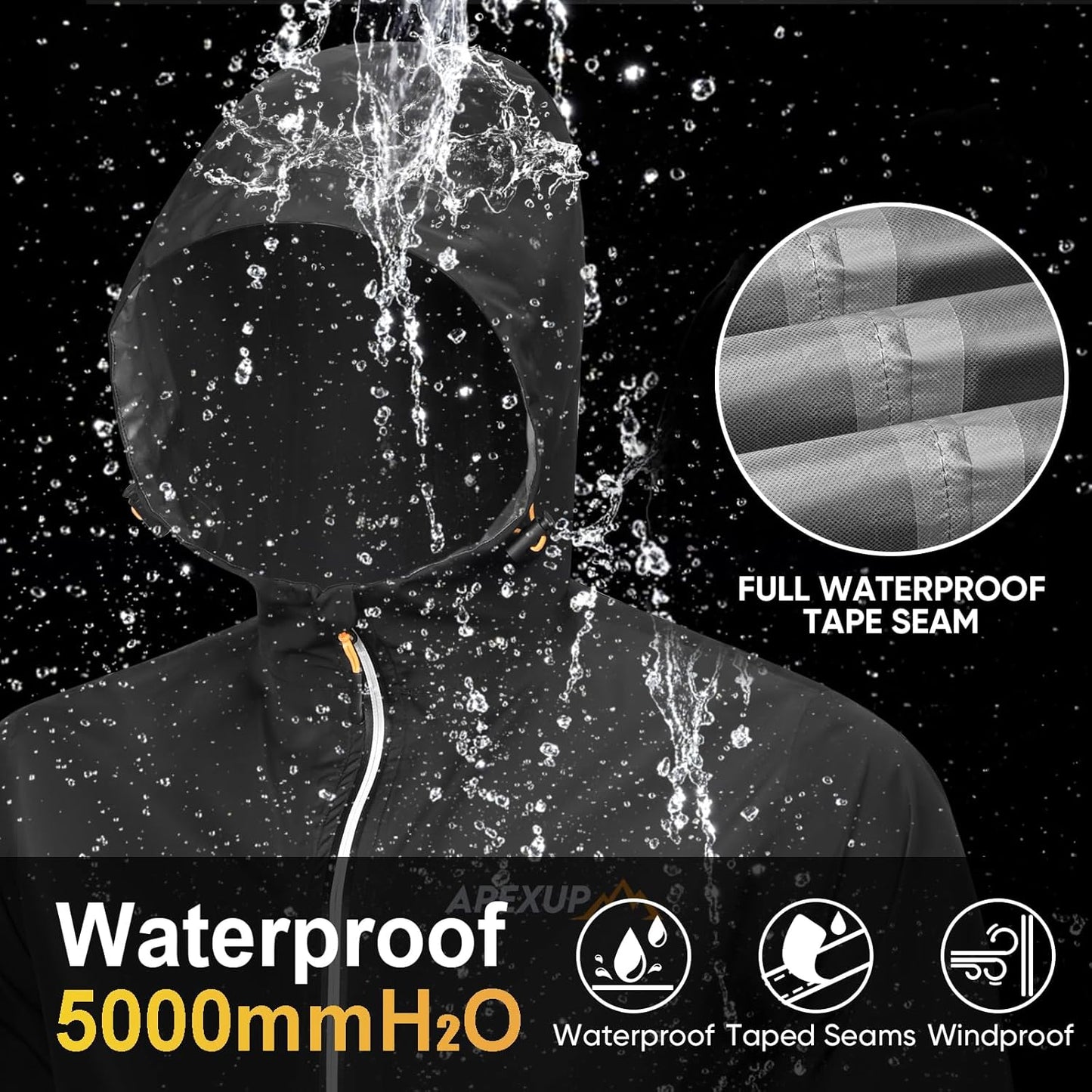 APEXUP Packable Rain Jacket Men with Reflective Zipper, Lightweight Waterproof Raincoat, Mens Rain Jacket for Outdoor Sports