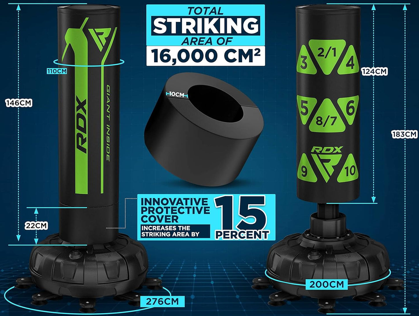 RDX XXL 330LBS Target Freestanding Punching Bag with Cover & Gloves – 72” Adult Heavy Pedestal Punch Bag Set - 17 Suction Cup 8 Extended Legs Stand Base - Kick Boxing MMA Muay Thai Home Gym Fitness