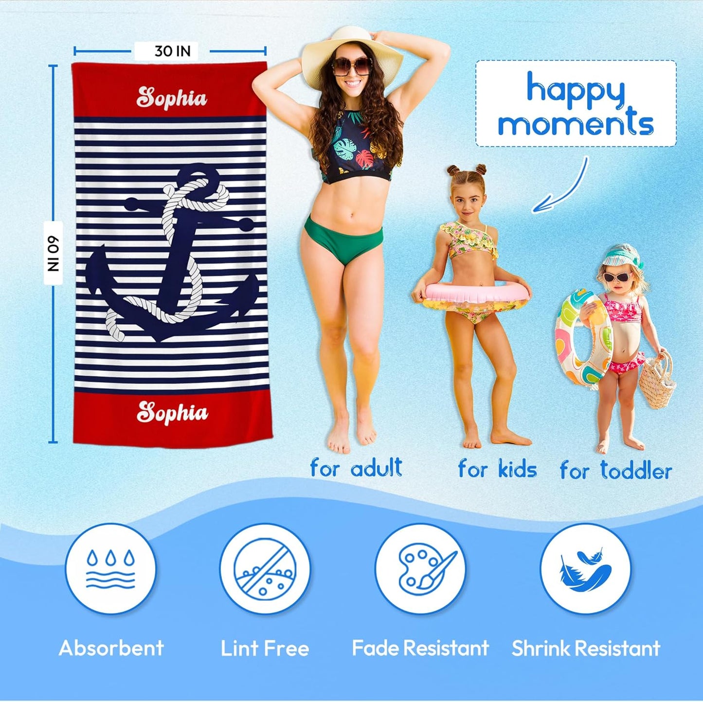 JML Personalized Beach Towel with Name, Custom Anchor Beach Towel, Customized Microfiber Pool Towel, Quick Dry & Absorbent Swim Towel for Adult,Anniversary, Birthday, Summer Holiday,Vacation