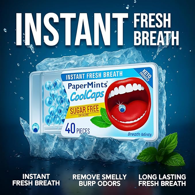 PaperMints CoolCaps - Instant Fresh Breath Mints Sugar-Free 4 Pack - 160 capsules. Chronic Bad Breath Treatment for Adults, Peppermint Fresh Breath Freshener Pearls Halitosis Treatment Dry Mouth