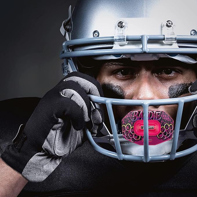 DAMAGE CONTROL Youth Football Mouth Guard – Breathable No Boil Mouthpiece, Protects Lips & Teeth, Works with Braces, Includes Helmet Strap – Sports Gear & Accessories (Baddie)