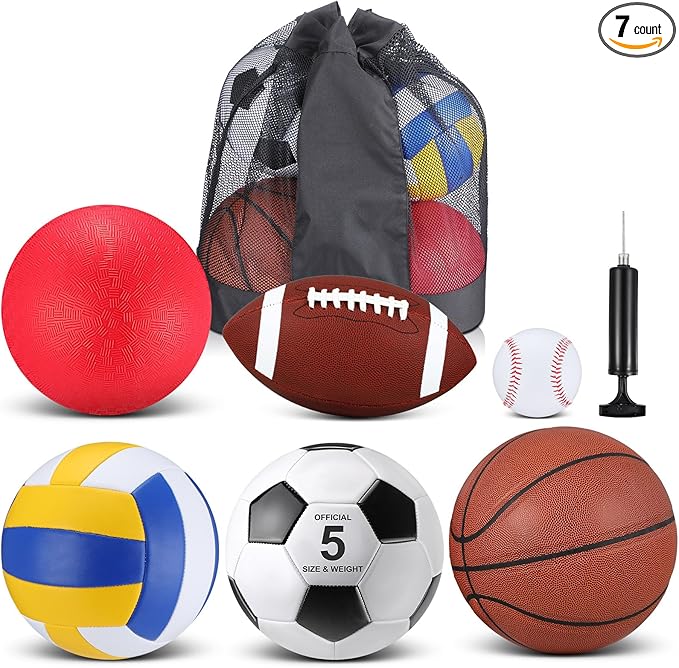 Libima 6 Pcs Multi Sport Ball Set Official Size Football, Basketball, Soccer, Volleyball, Playground Ball, Baseball with Sports Equipment Bag Pump for Teen Adult Christmas School Gift